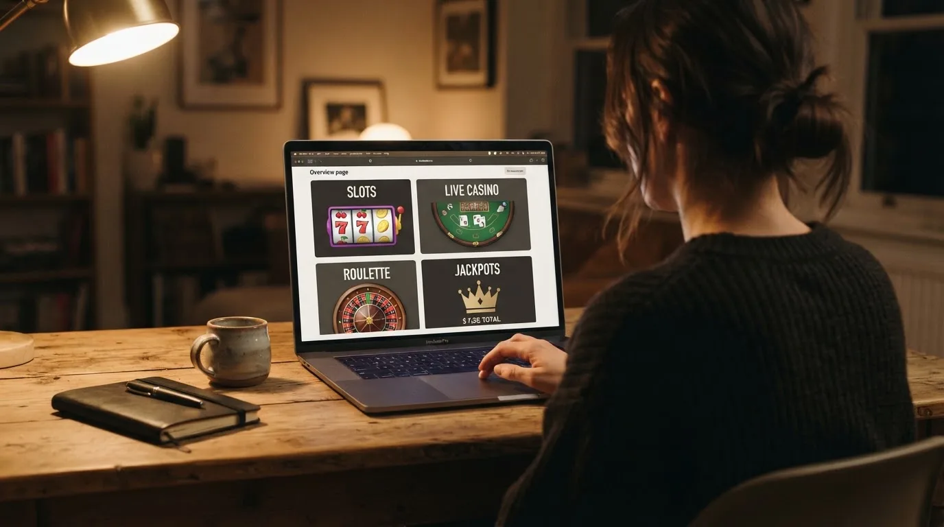 Person am Laptop liest eine Übersichtsseite zu Glücksspielen im Internet — 10 euro bonus ohne einzahlung casino