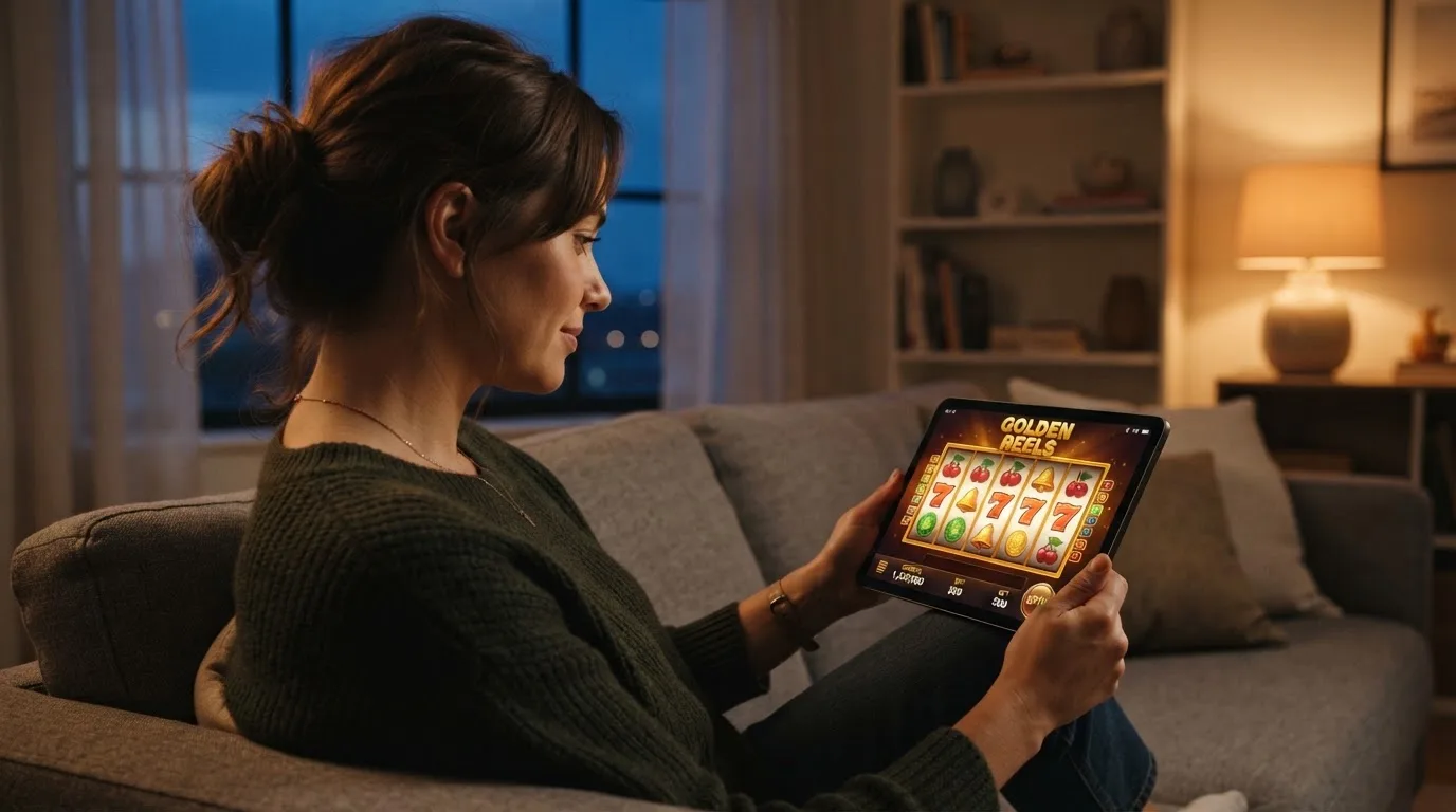 Person sitzt entspannt auf einem Sofa und blickt konzentriert auf ein Tablet in gedämpftem Wohnzimmerlicht am Abend.