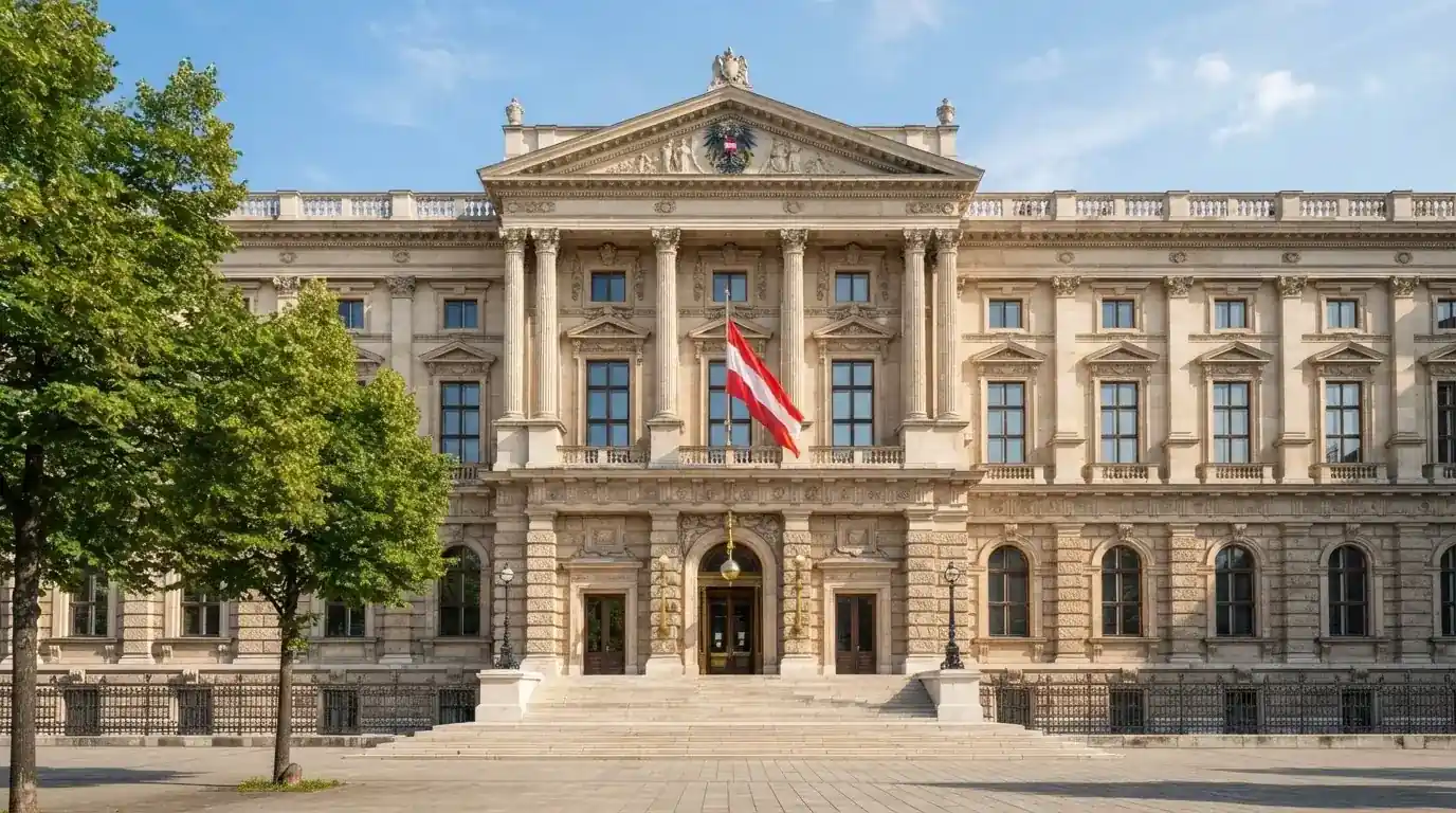 Fassade eines klassizistischen Wiener Amtsgebäudes mit österreichischer Flagge an einem klaren Nachmittag.