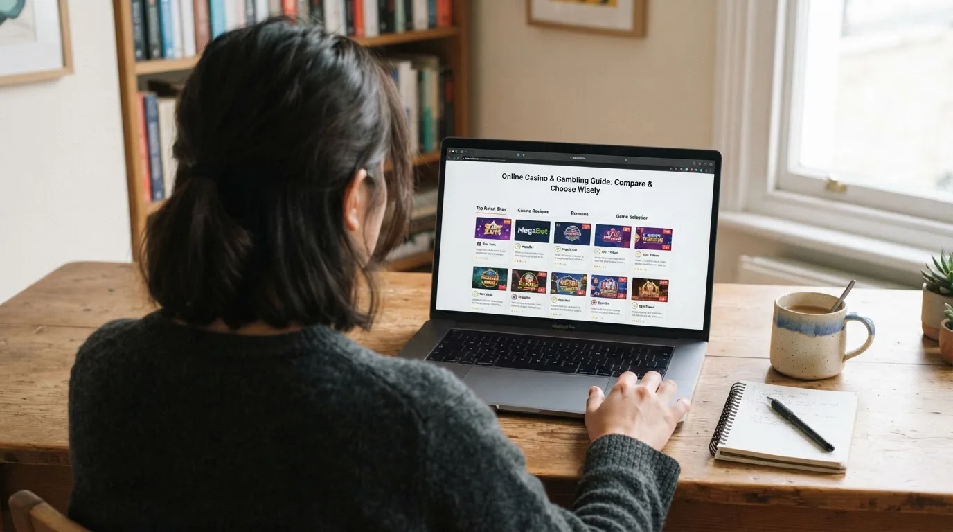 Person am Laptop liest eine Übersichtsseite zu Glücksspielen im Internet — 15 euro bonus ohne einzahlung casino
