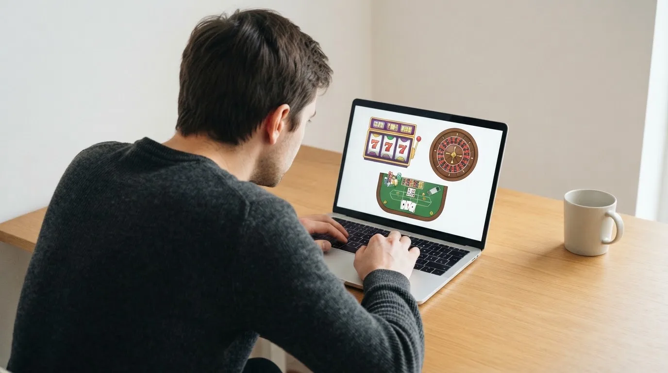 Person am Laptop liest eine Übersichtsseite zu Glücksspielen im Internet — 150 freispiele ohne einzahlung