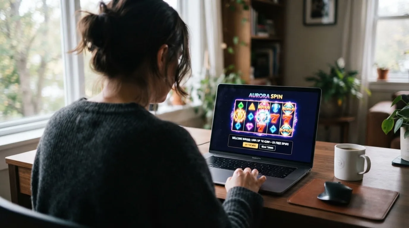 Person am Laptop liest eine Übersichtsseite zu Glücksspielen im Internet — 30 euro bonus ohne einzahlung casino