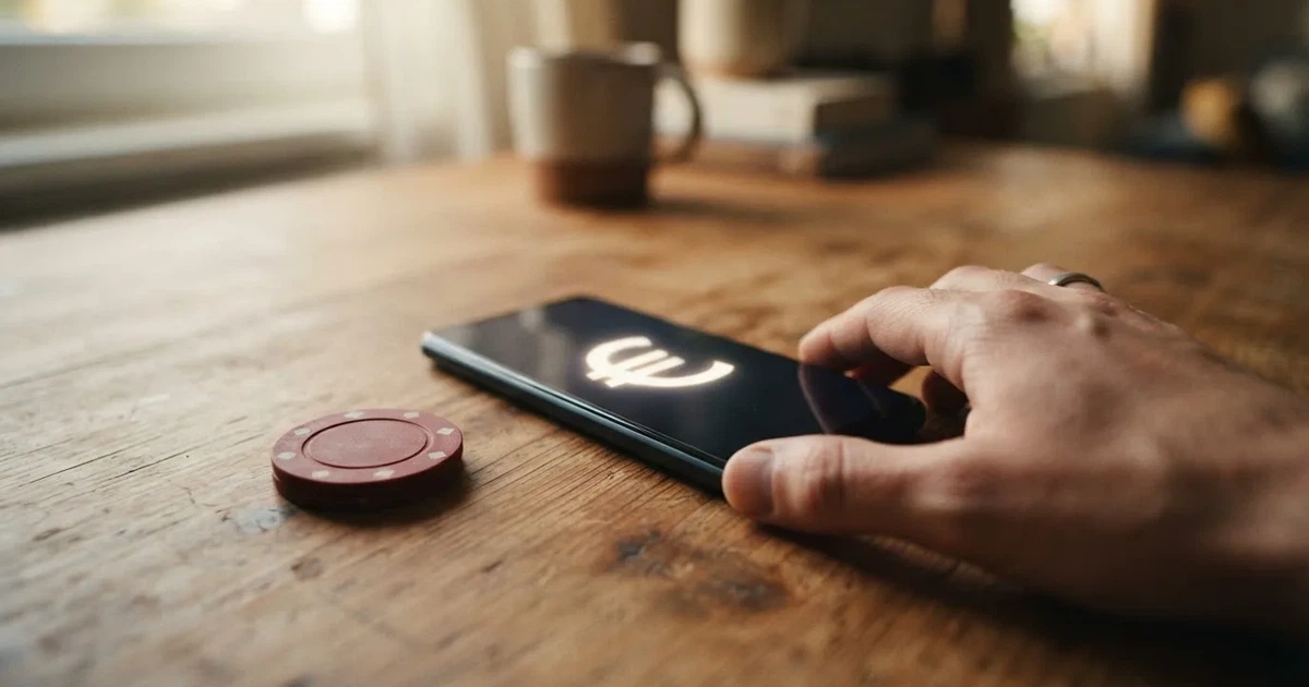 Kartenterminal und Smartphone auf einem Holztisch neben einer Geldbörse — 40 euro bonus ohne einzahlung casino