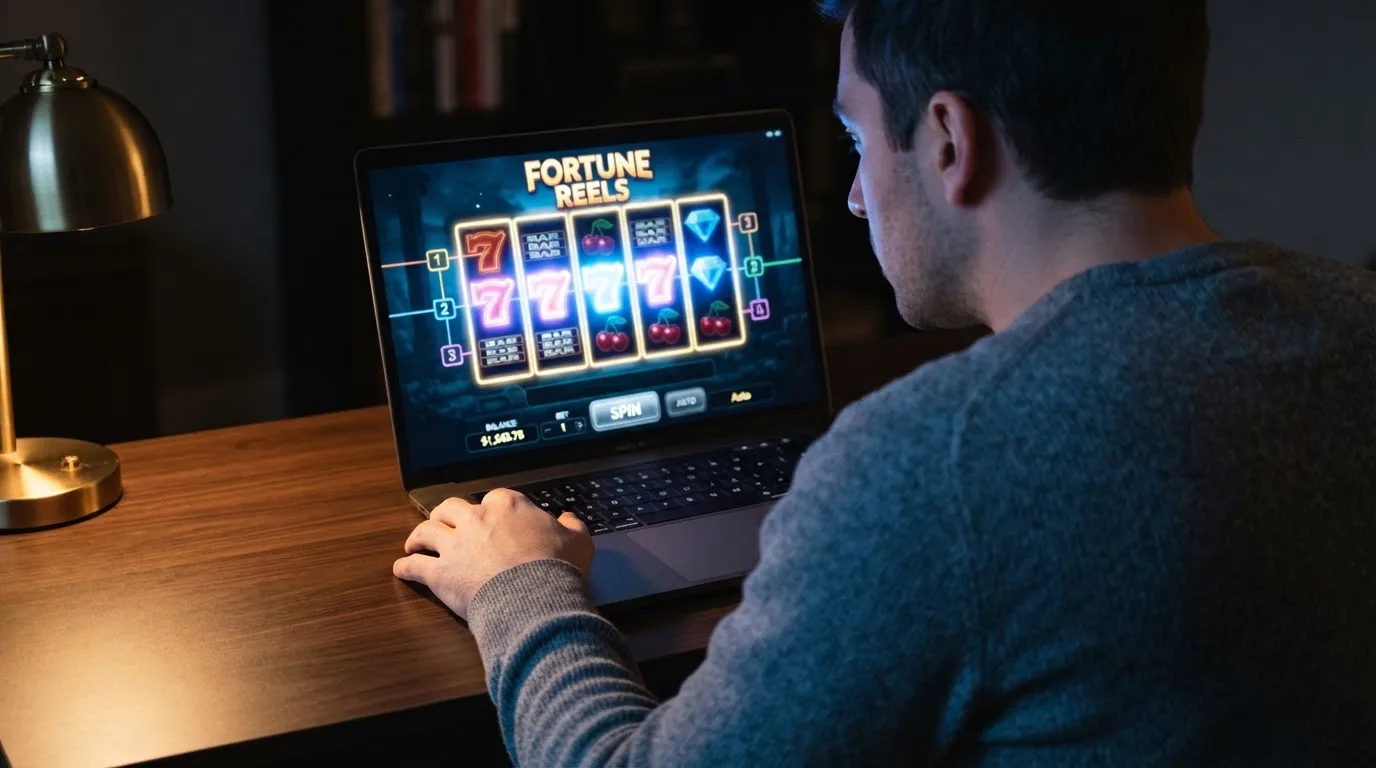 Person am Laptop liest eine Übersichtsseite zu Glücksspielen im Internet — 5 euro bonus ohne einzahlung casino
