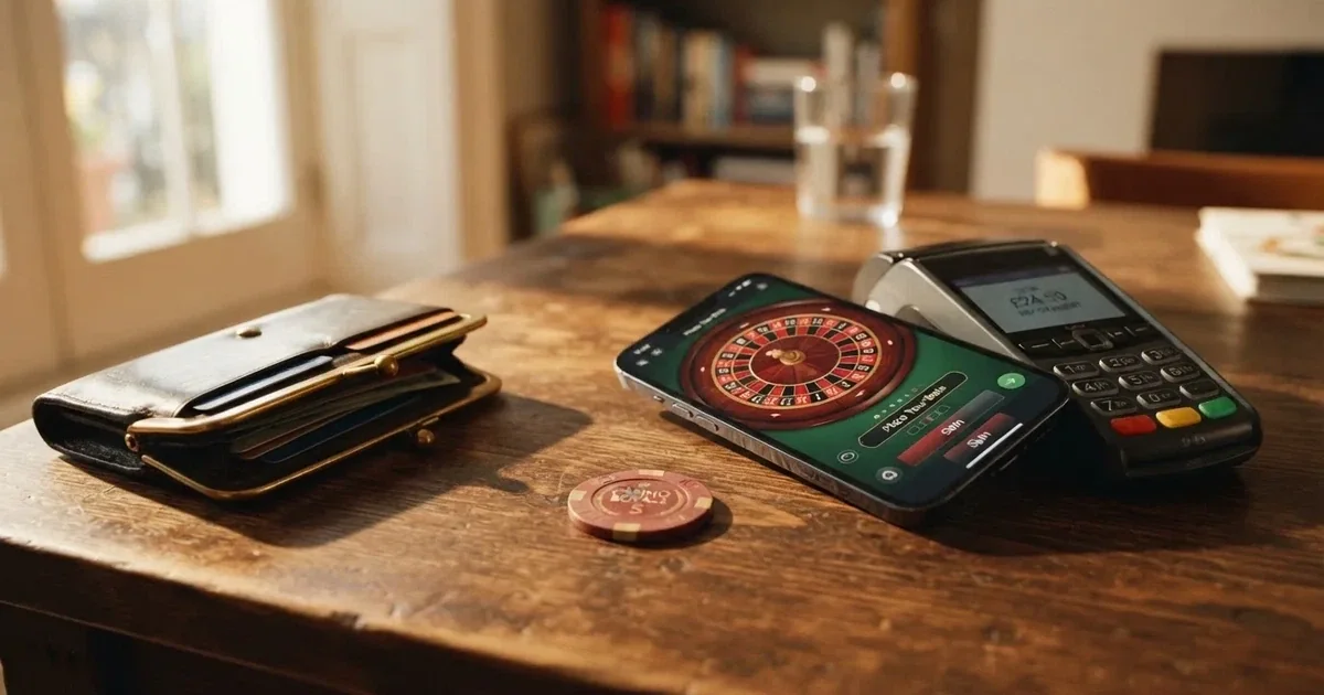 Kartenterminal und Smartphone auf einem Holztisch neben einer Geldbörse — 5 euro bonus ohne einzahlung casino