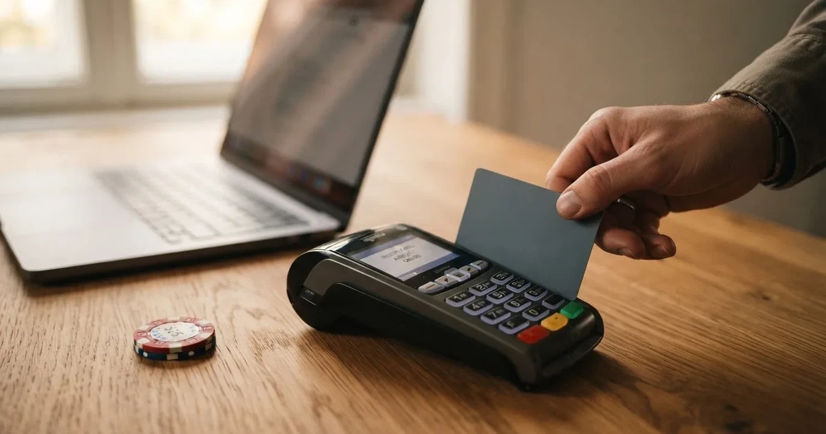 Nahaufnahme einer Hand, die eine Bankkarte in ein Kartenlesegerät neben einem Laptop auf einem Holztisch steckt.