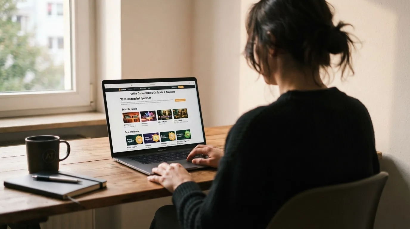 Person am Laptop liest eine Übersichtsseite zu Glücksspielen im Internet — aviator online casino