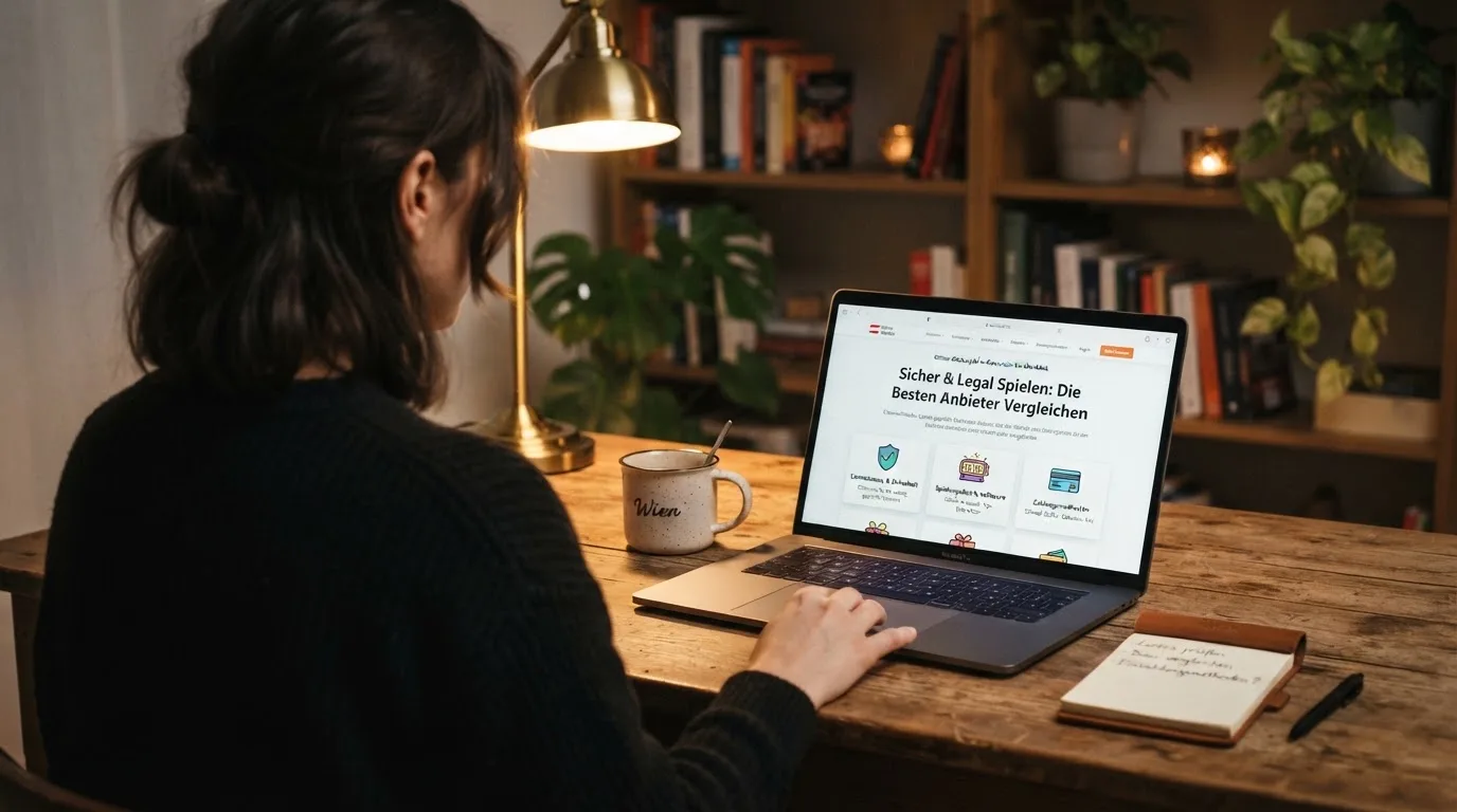 Person am Laptop liest eine Übersichtsseite zu Glücksspielen im Internet — best crypto casino österreich
