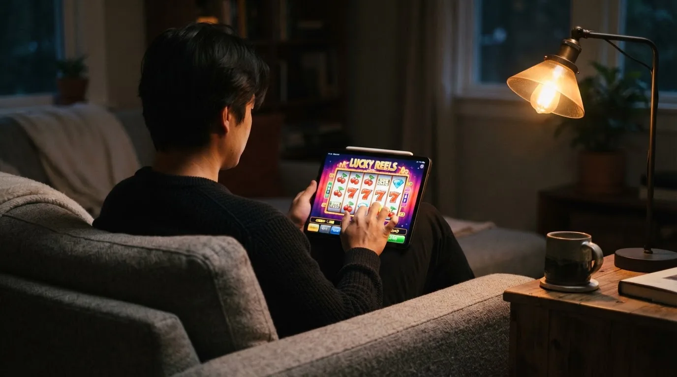 Person sitzt entspannt auf einem Sofa und blickt konzentriert auf ein Tablet in gedämpftem Wohnzimmerlicht am Abend.