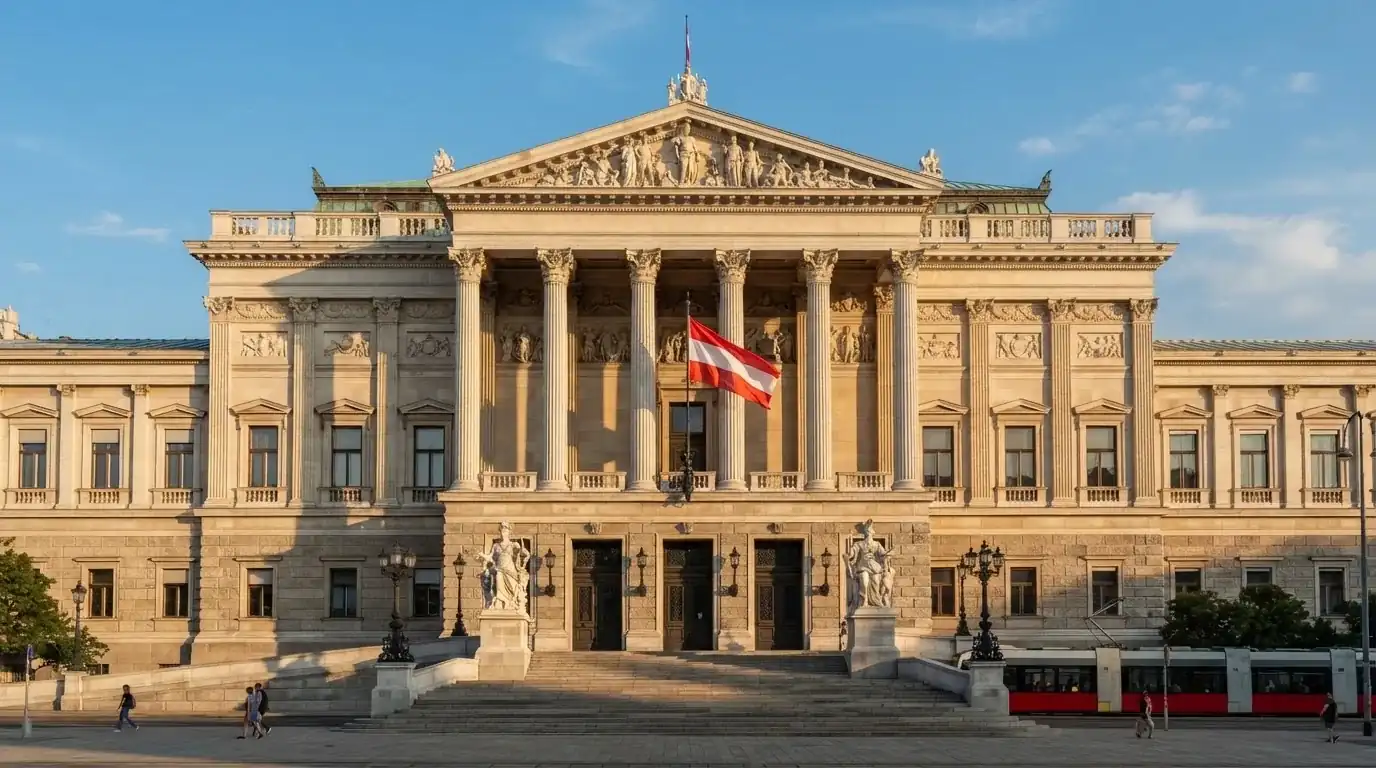 Fassade eines klassizistischen Wiener Amtsgebäudes mit österreichischer Flagge an einem klaren Nachmittag.