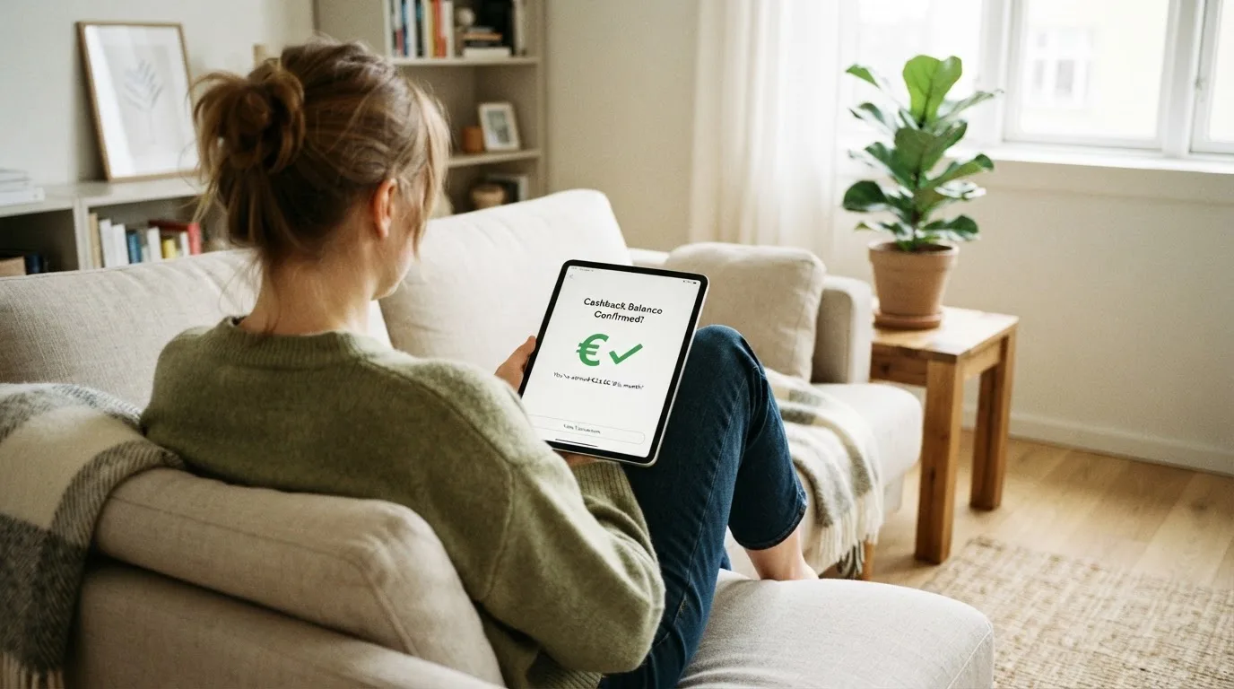 Person sitzt entspannt mit einem Tablet auf dem Schoß in einem hellen Wohnzimmer.