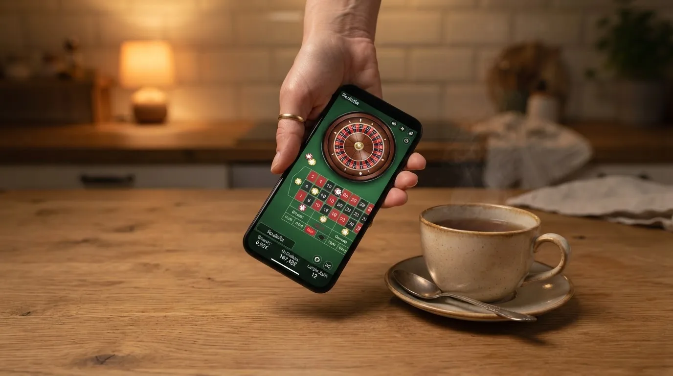Hand hält ein Smartphone, daneben eine Tasse Tee, ruhige Abendstimmung am Küchentisch — beste online casino ausland