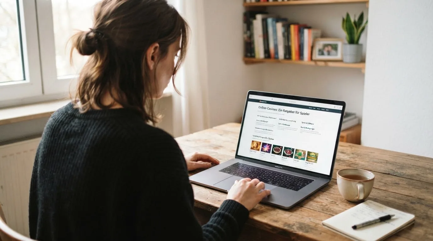 Person am Laptop liest eine Übersichtsseite zu Glücksspielen im Internet — beste online casino echtgeld app