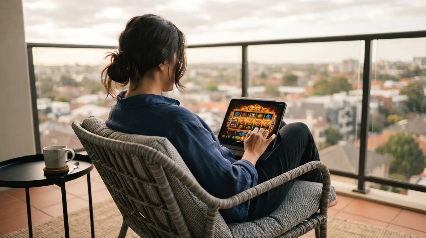Person sitzt entspannt mit einem Tablet auf dem Balkon eines modernen Apartments.
