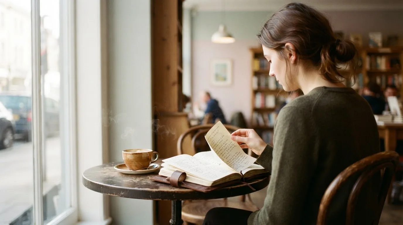 Eine junge Frau blättert entspannt in einem Notizbuch neben einer Tasse Kaffee.