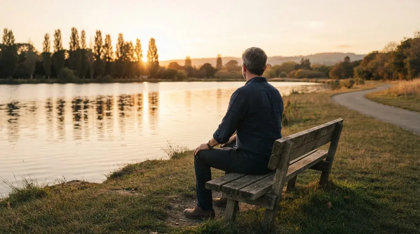 Ein Mann sitzt allein auf einer Parkbank und blickt ruhig auf einen See.