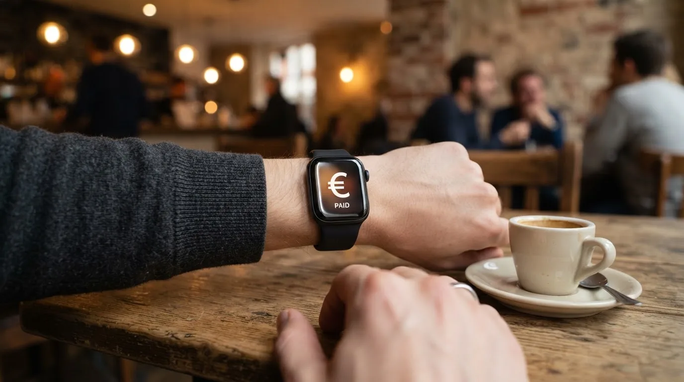 Nahaufnahme einer Smartwatch am Handgelenk, während im Hintergrund ein Café verschwimmt.