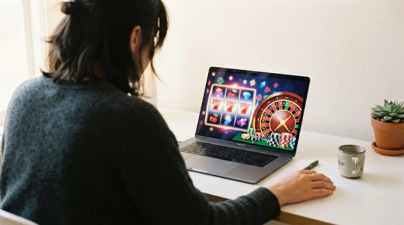 Person am Laptop liest eine Übersichtsseite zu Glücksspielen im Internet — beste online casino mit banküberweisung bezahlen