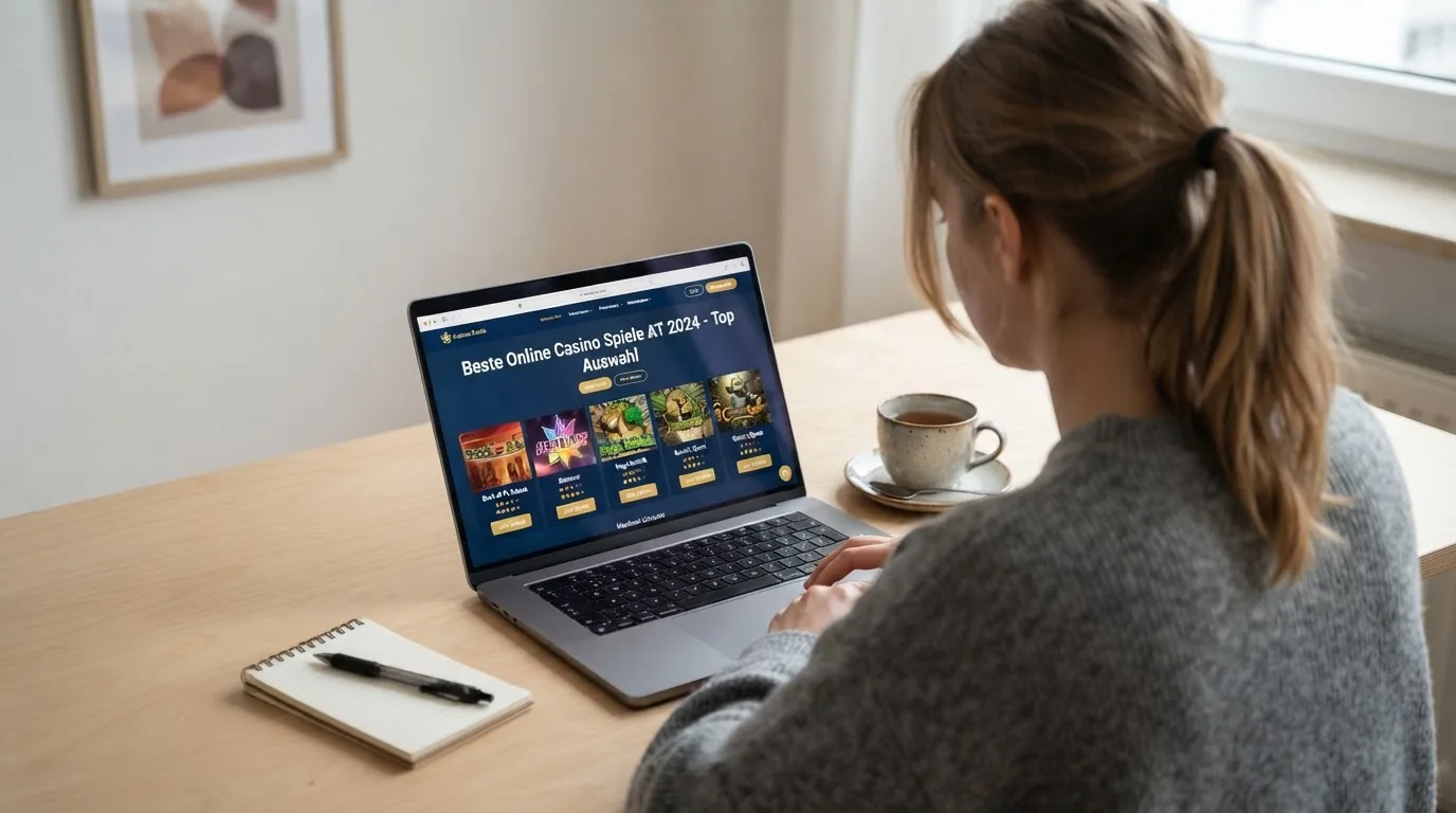 Person am Laptop liest eine Übersichtsseite zu Glücksspielen im Internet — beste online casino mit cashtocode bezahlen