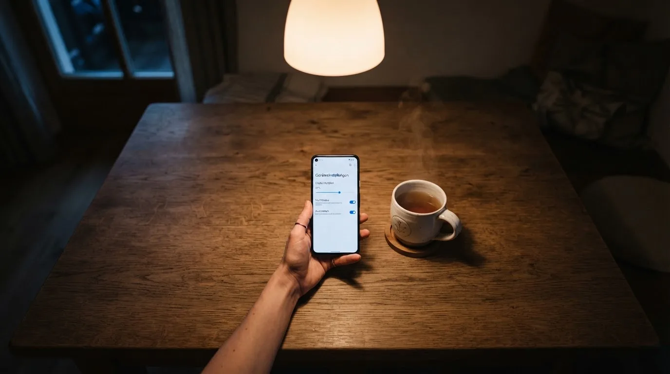Hand hält ein Smartphone, daneben eine Tasse Tee, ruhige Abendstimmung am Küchentisch — beste online casino österreich