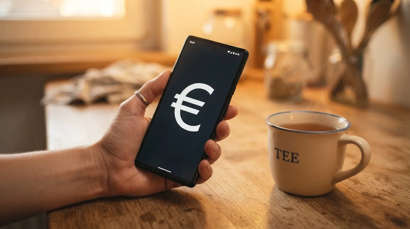 Hand hält ein Smartphone, daneben eine Tasse Tee, ruhige Abendstimmung am Küchentisch — beste online casinos echtgeld
