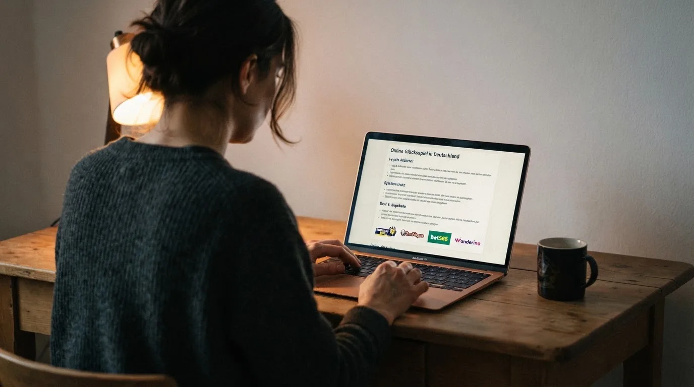 Person am Laptop liest eine Übersichtsseite zu Glücksspielen im Internet — beste online casinos mit österreichischer lizenz