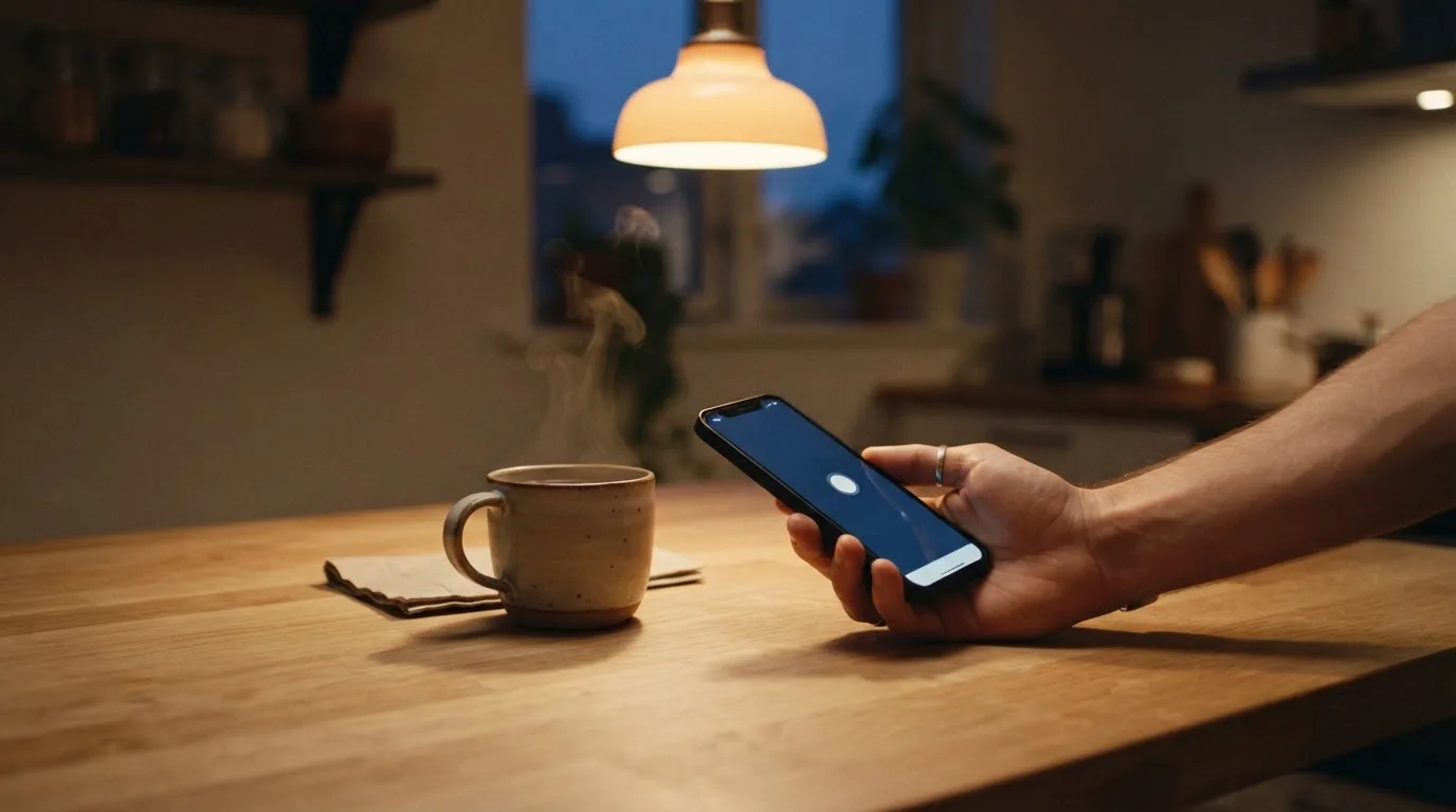 Hand hält ein Smartphone, daneben eine Tasse Tee, ruhige Abendstimmung am Küchentisch — beste online casinos mit österreichischer lizenz
