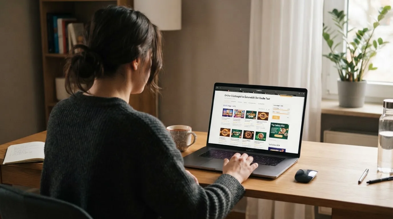 Person am Laptop liest eine Übersichtsseite zu Glücksspielen im Internet — beste online casinos österreich mit no deposit bonus