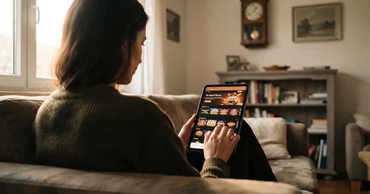 Person am Sofa schaut nachdenklich auf ein Tablet, im Hintergrund eine Uhr — beste online casinos österreich mit no deposit bonus