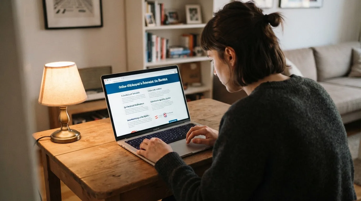 Person am Laptop liest eine Übersichtsseite zu Glücksspielen im Internet — beste online casinos ohne limit