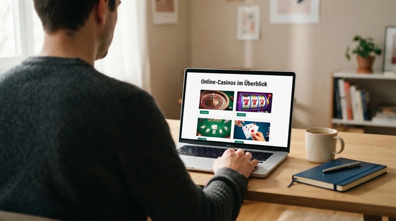 Person am Laptop liest eine Übersichtsseite zu Glücksspielen im Internet — beste online casinos ohne verifizierung