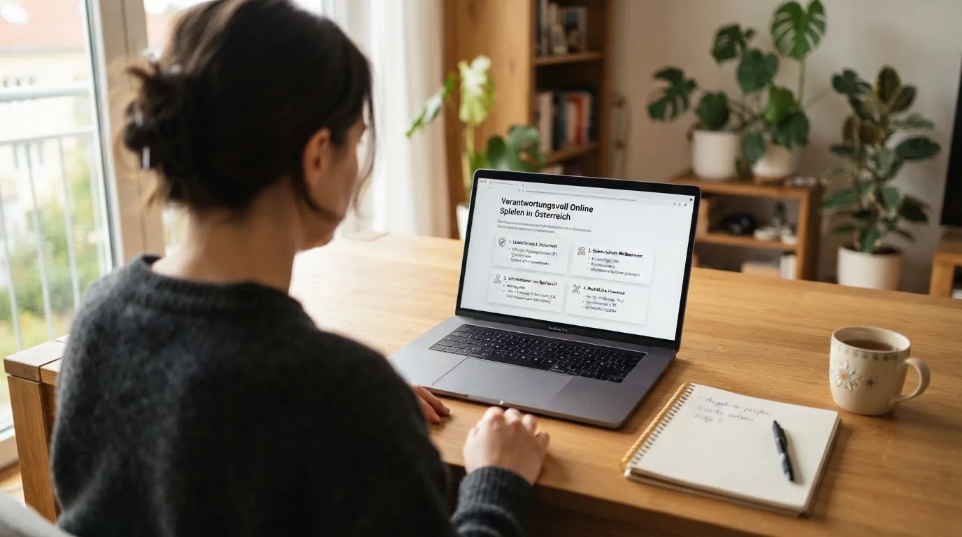 Person am Laptop liest eine Übersichtsseite zu Glücksspielen im Internet — beste online spielothek casinos