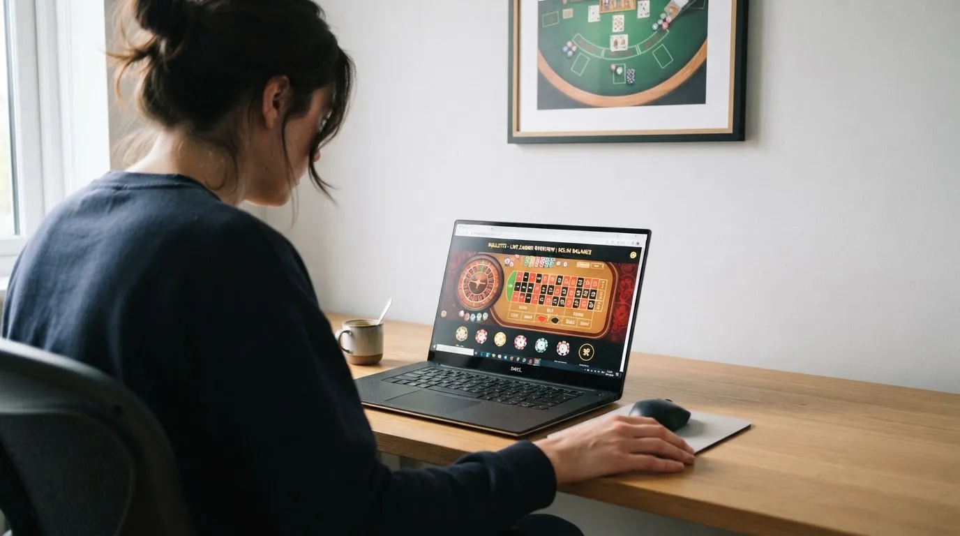Person am Laptop liest eine Übersichtsseite zu Glücksspielen im Internet — bester willkommensbonus online casino