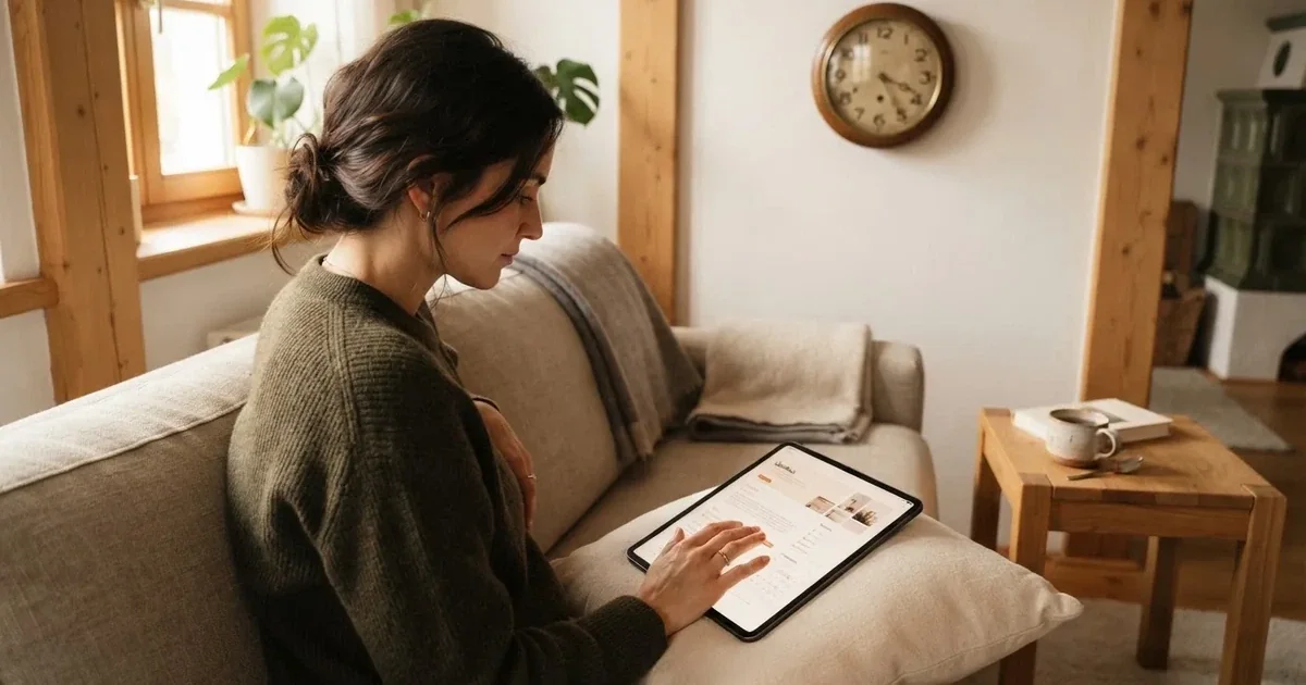 Person am Sofa schaut nachdenklich auf ein Tablet, im Hintergrund eine Uhr — bester willkommensbonus online casino