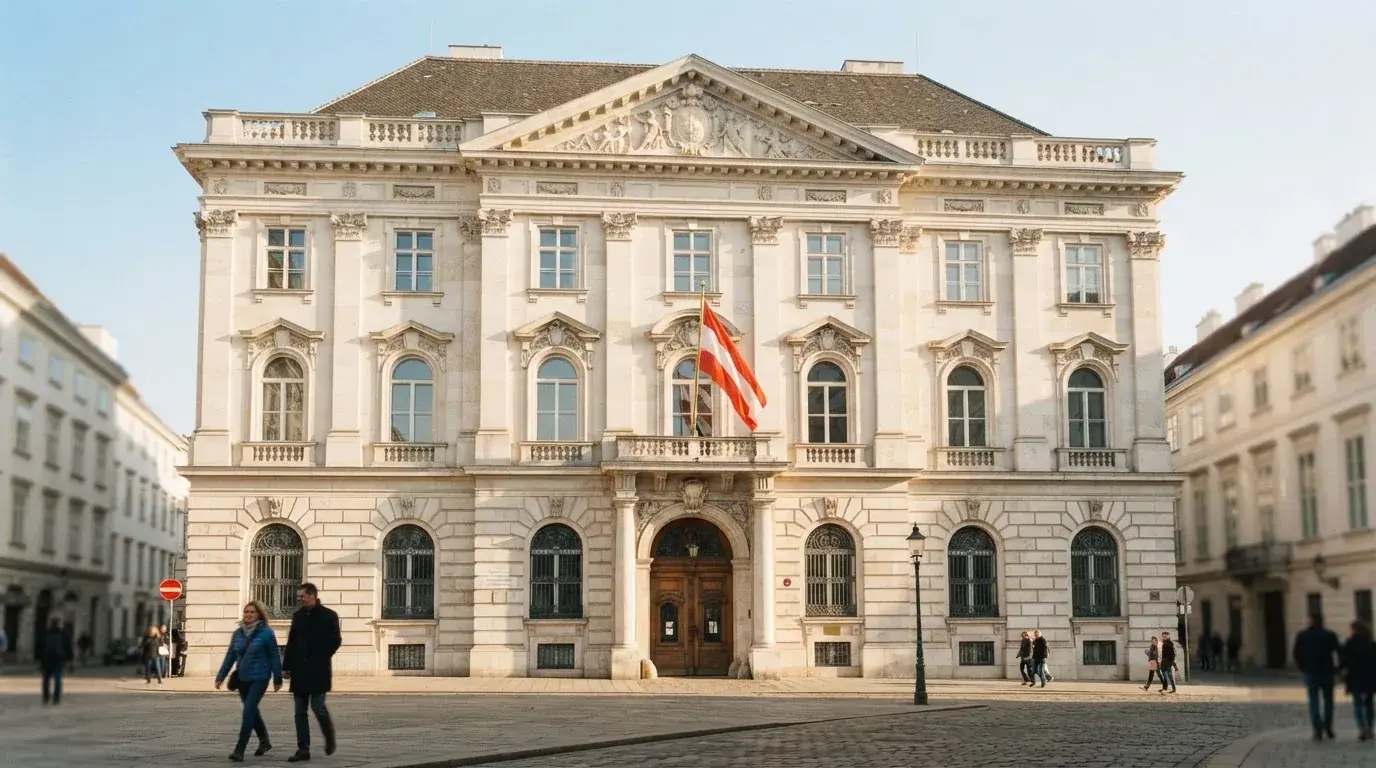 Fassade eines klassizistischen Wiener Amtsgebäudes mit österreichischer Flagge an einem klaren Nachmittag.