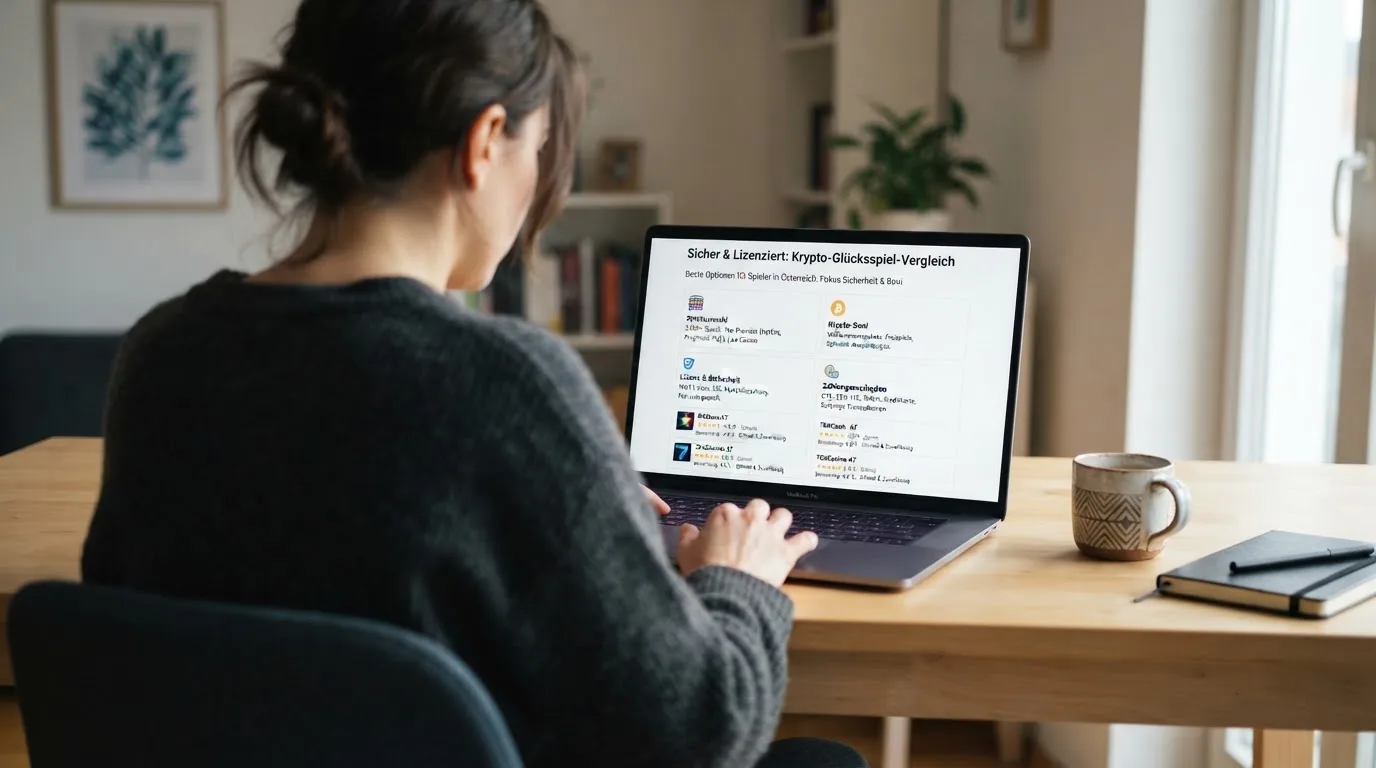 Person am Laptop liest eine Übersichtsseite zu Glücksspielen im Internet — binance coin casino vergleich