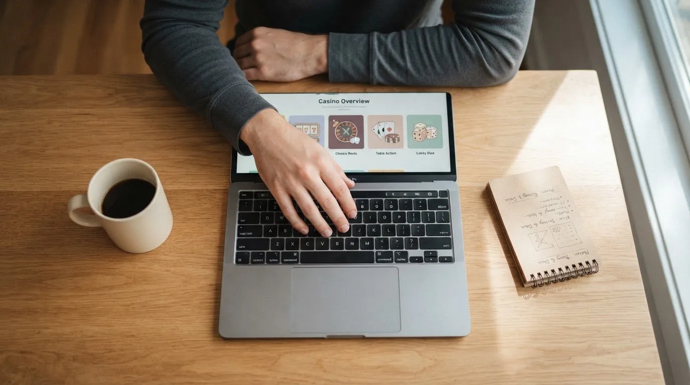 Person am Laptop liest eine Übersichtsseite zu Glücksspielen im Internet — casino bonus ohne einzahlung