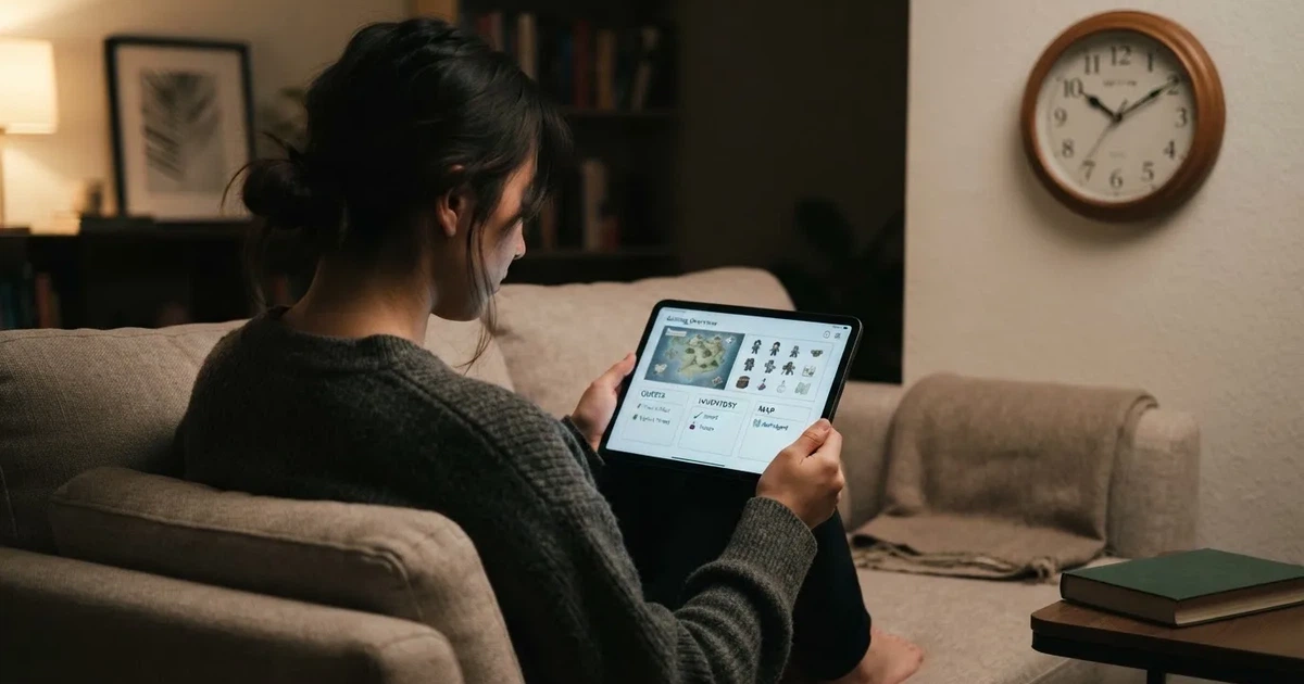 Person am Sofa schaut nachdenklich auf ein Tablet, im Hintergrund eine Uhr — casino bonus ohne einzahlung