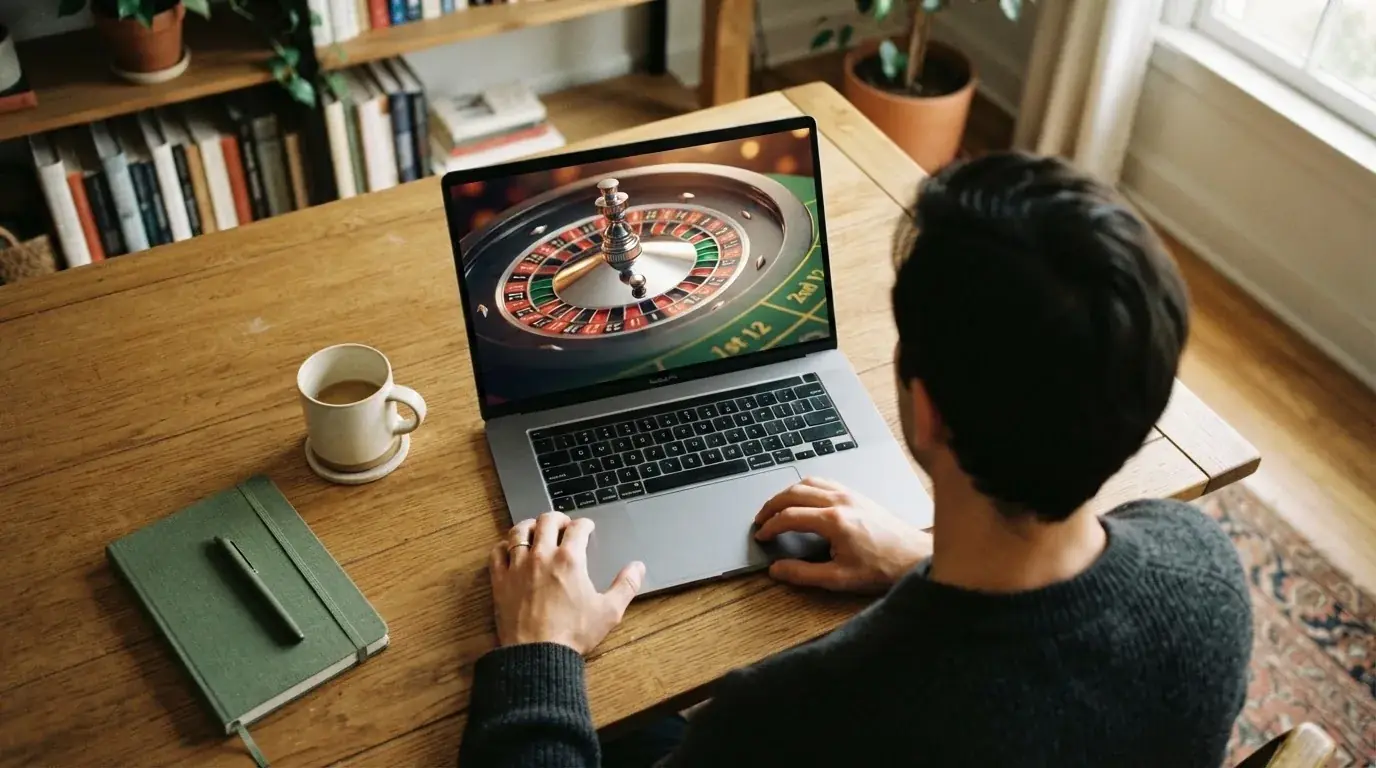 Person am Laptop liest eine Übersichtsseite zu Glücksspielen im Internet — casino guthaben ohne einzahlung