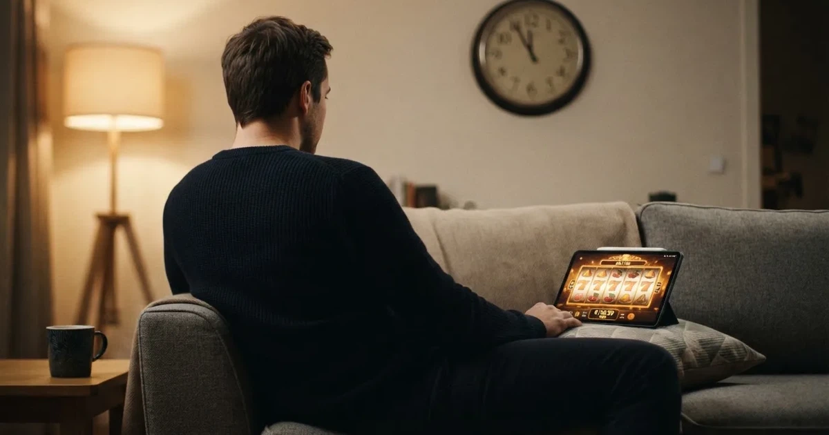 Person am Sofa schaut nachdenklich auf ein Tablet, im Hintergrund eine Uhr — casino guthaben ohne einzahlung