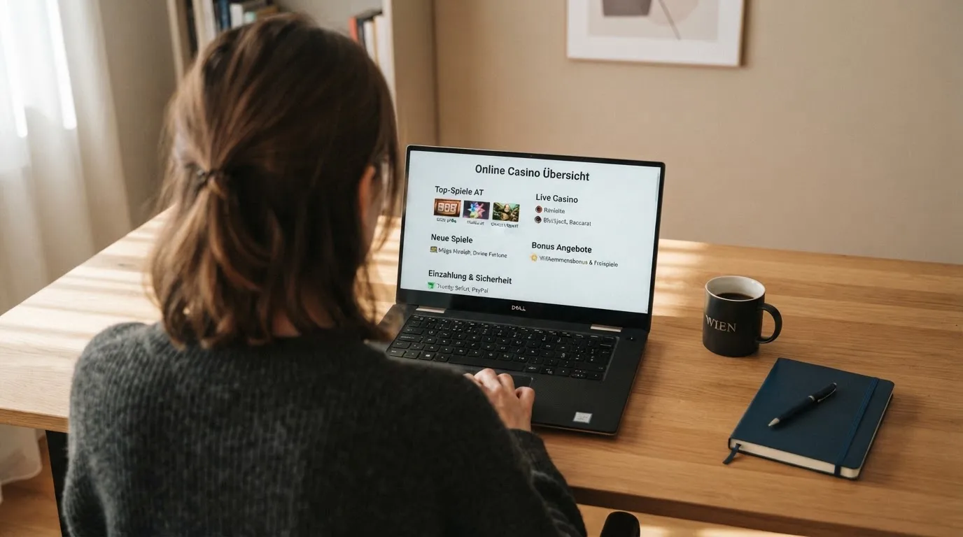 Person am Laptop liest eine Übersichtsseite zu Glücksspielen im Internet — casino online mit bonus ohne einzahlung