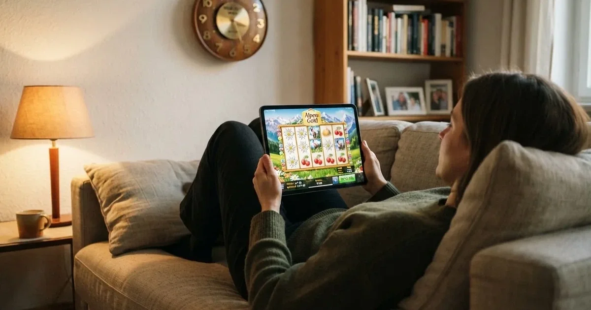 Person am Sofa schaut nachdenklich auf ein Tablet, im Hintergrund eine Uhr — casino online mit bonus ohne einzahlung