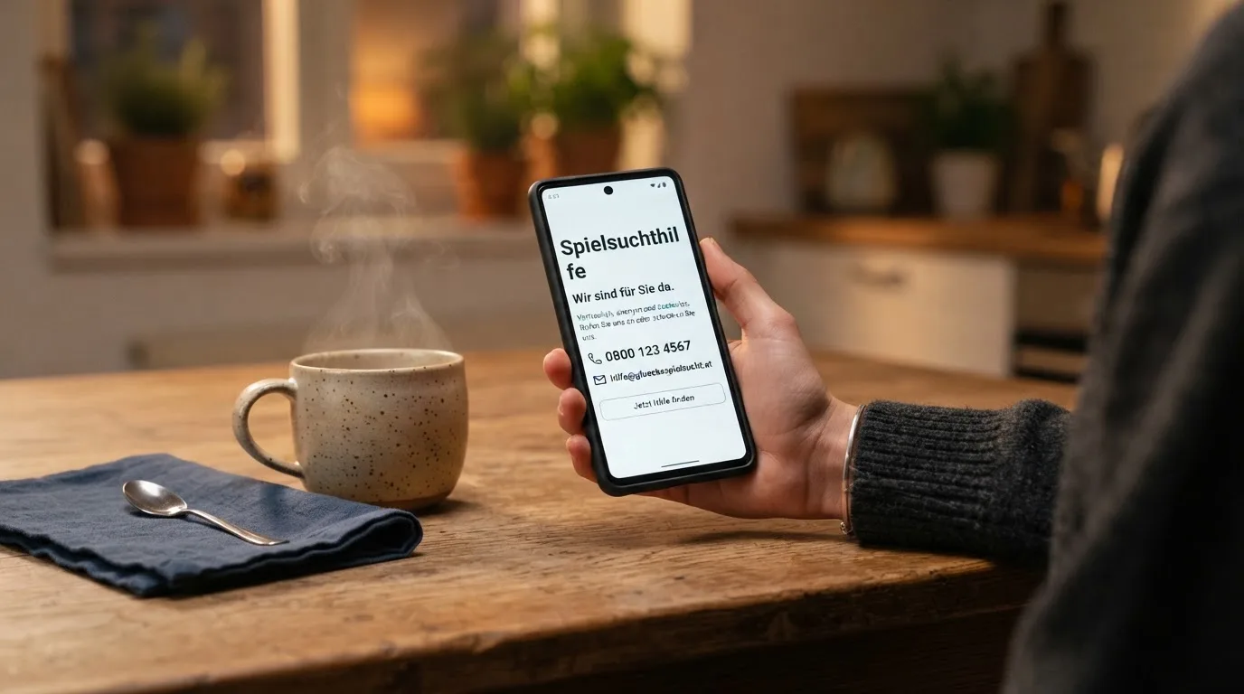 Hand hält ein Smartphone, daneben eine Tasse Tee, ruhige Abendstimmung am Küchentisch — freie 90 tage qualifikationszeitraum casino