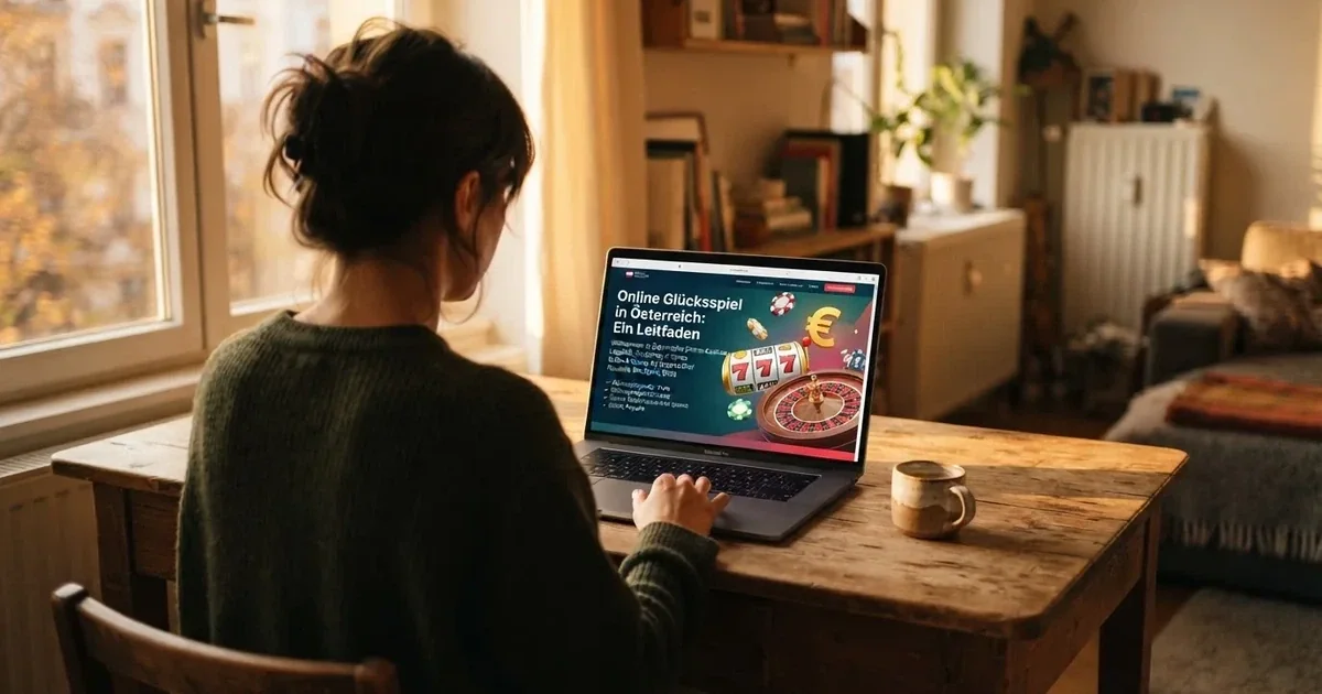 Person am Laptop liest eine Übersichtsseite zu Glücksspielen im Internet — freie 90 tage qualifikationszeitraum casino