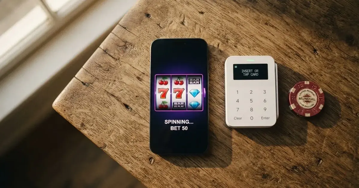 Kartenterminal und Smartphone auf einem Holztisch neben einer Geldbörse — handy casino echtgeld bonus ohne einzahlung