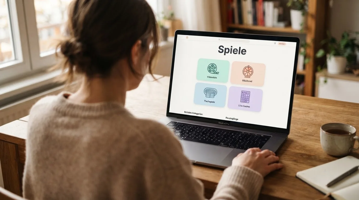 Person am Laptop liest eine Übersichtsseite zu Glücksspielen im Internet — online casino mit autoplay