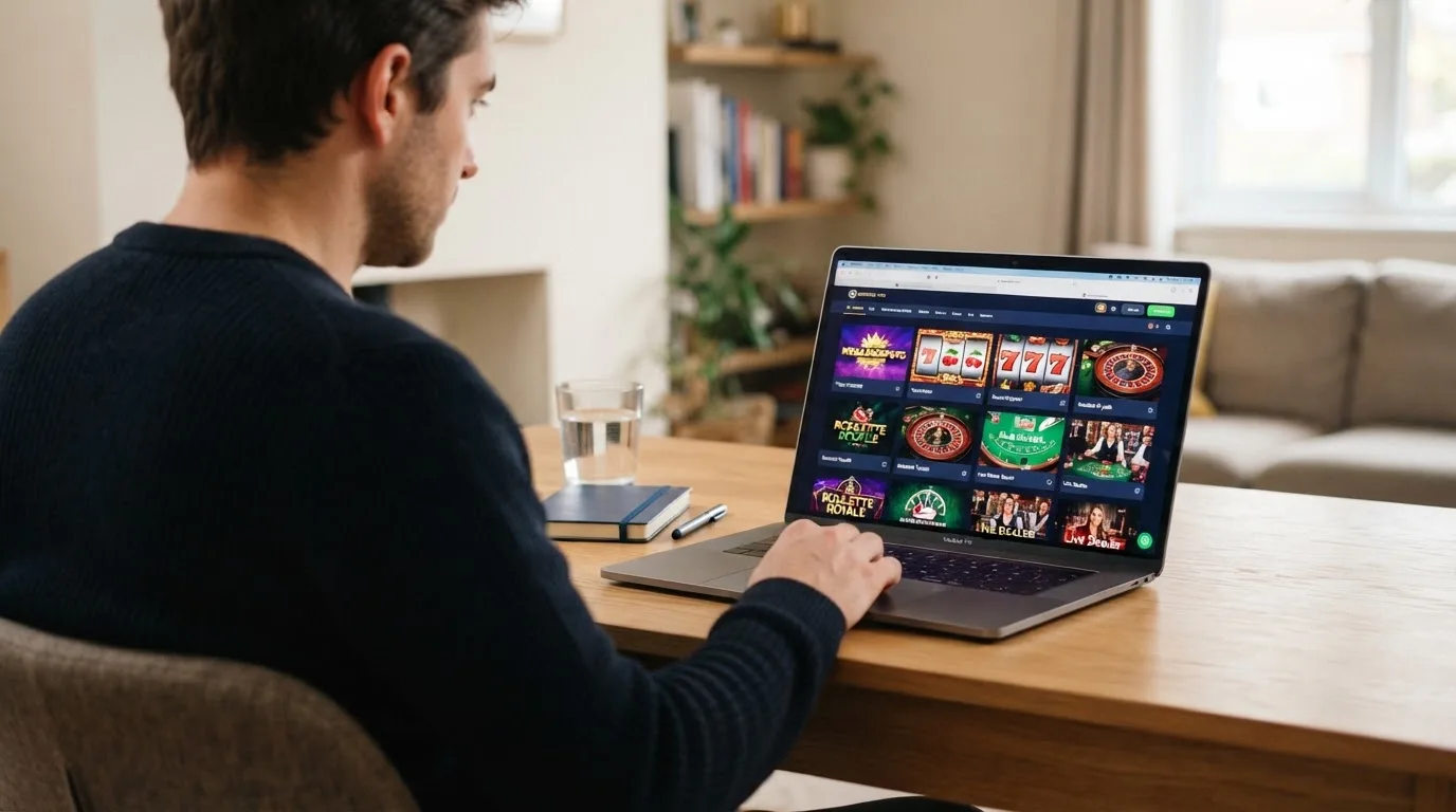 Person am Laptop liest eine Übersichtsseite zu Glücksspielen im Internet — online casino ohne auszahlungslimit