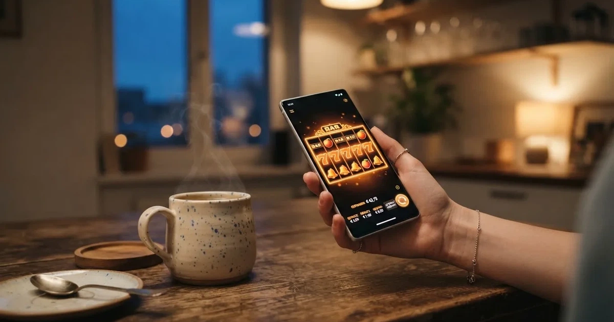 Hand hält ein Smartphone, daneben eine Tasse Tee, ruhige Abendstimmung am Küchentisch — online casino ohne auszahlungslimit