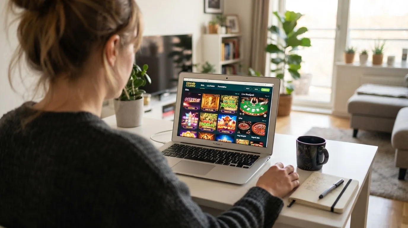 Person am Laptop liest eine Übersichtsseite zu Glücksspielen im Internet — online casino schnelle auszahlung