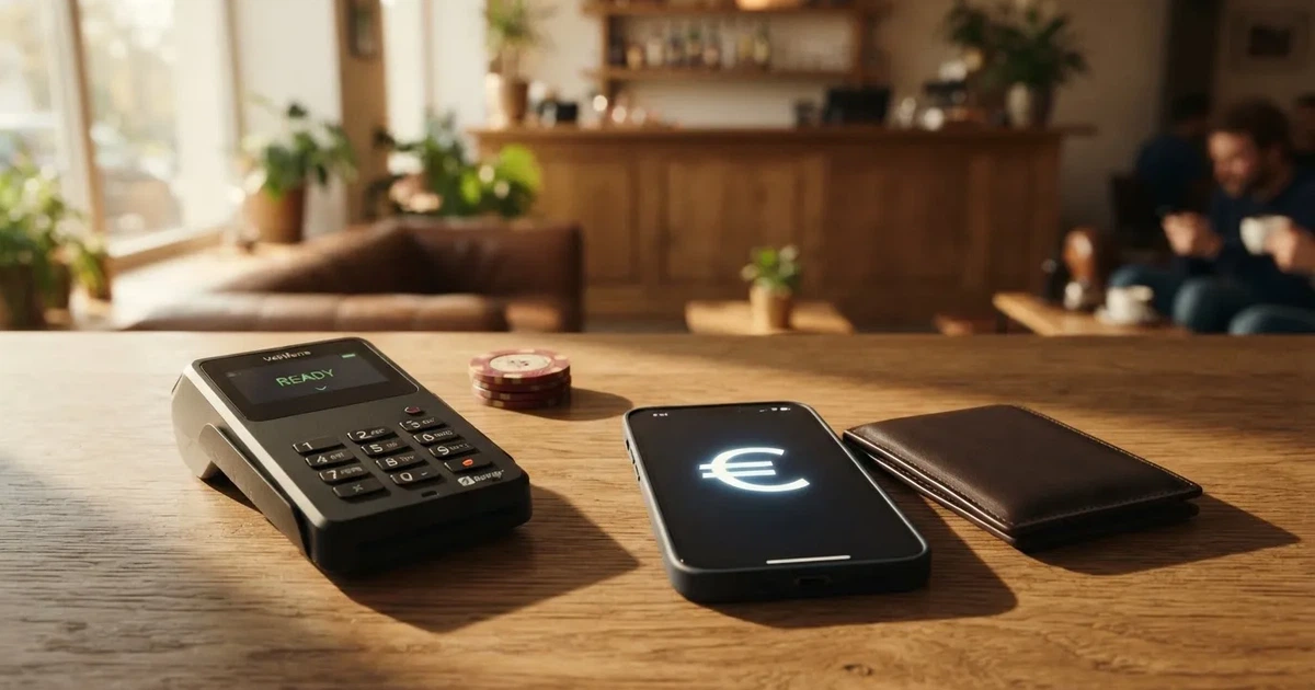 Kartenterminal und Smartphone auf einem Holztisch neben einer Geldbörse — online casino schnelle auszahlung